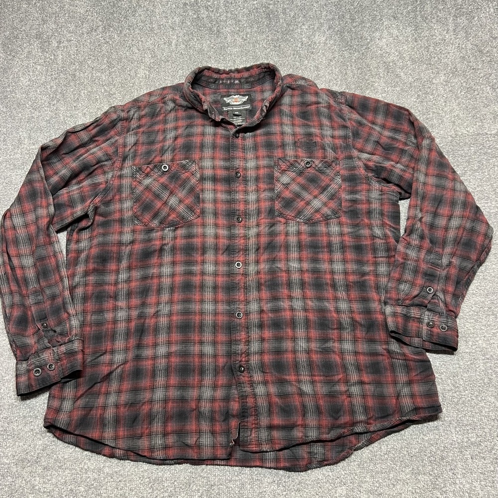 Harley-Davidson Shirt Mens 3XL Red Plaid Flannel Button Front Long Sleeve Biker